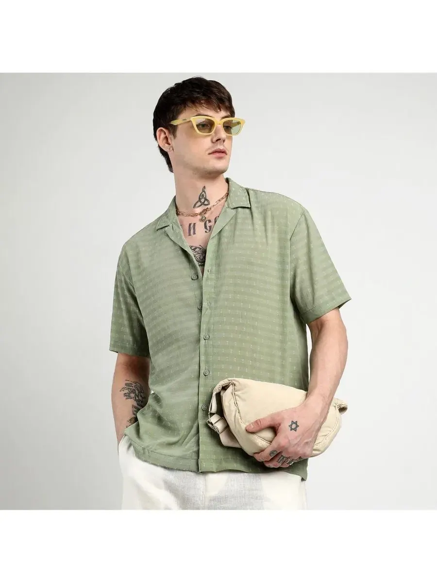 Рубашка с коротким рукавом и кубинским воротником, модель Utility Tartan Plaid Oversized Campus — изображение 3 из 7, зеленый