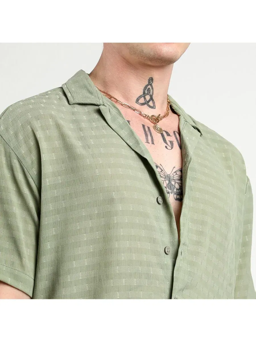 Рубашка с коротким рукавом и кубинским воротником, модель Utility Tartan Plaid Oversized Campus — изображение 5 из 7, зеленый