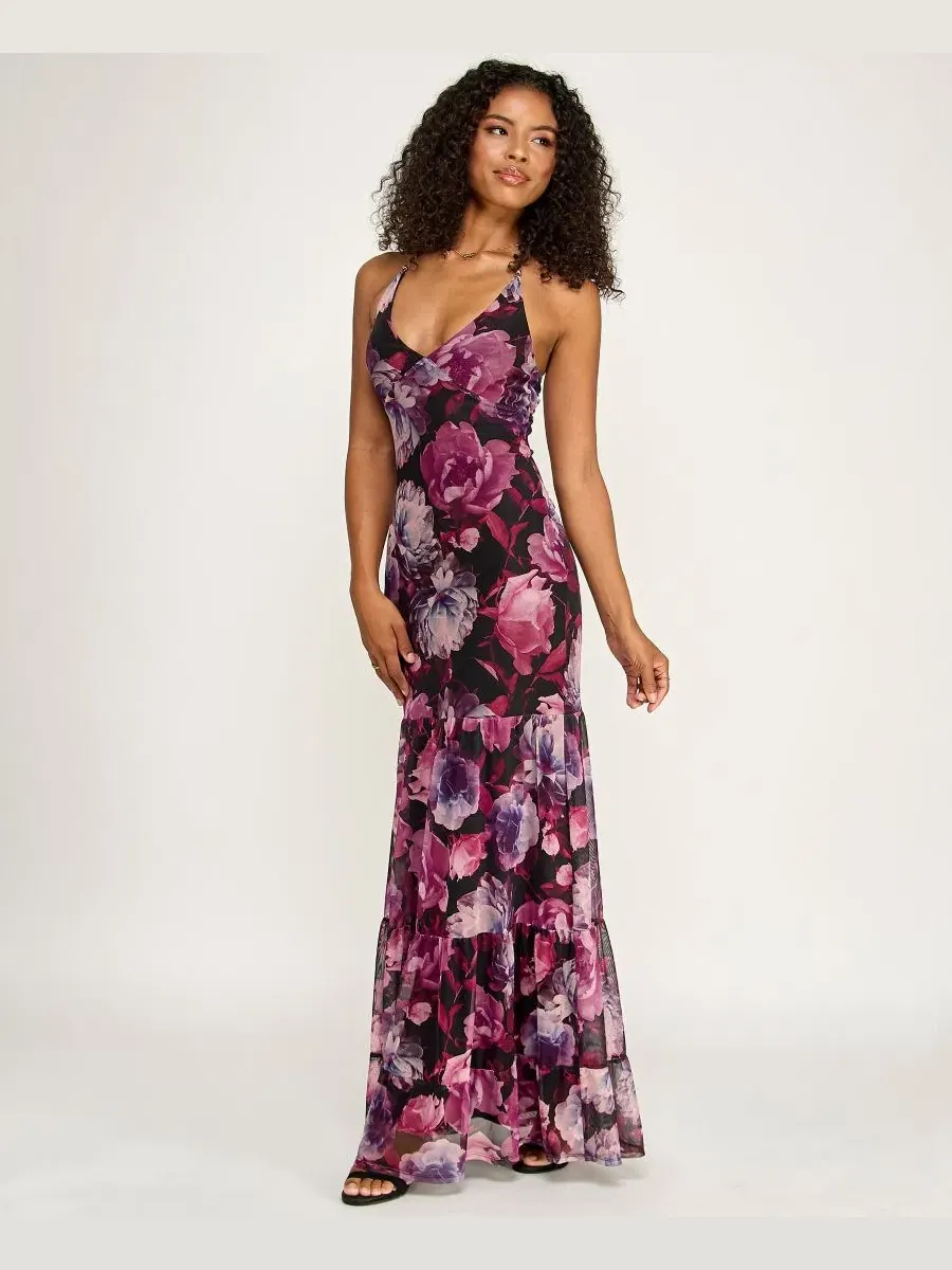 Платье-халтер из сетки с принтом, модель Printed Mesh Halter Emerald Sundae — изображение 2 из 6, черный мульти