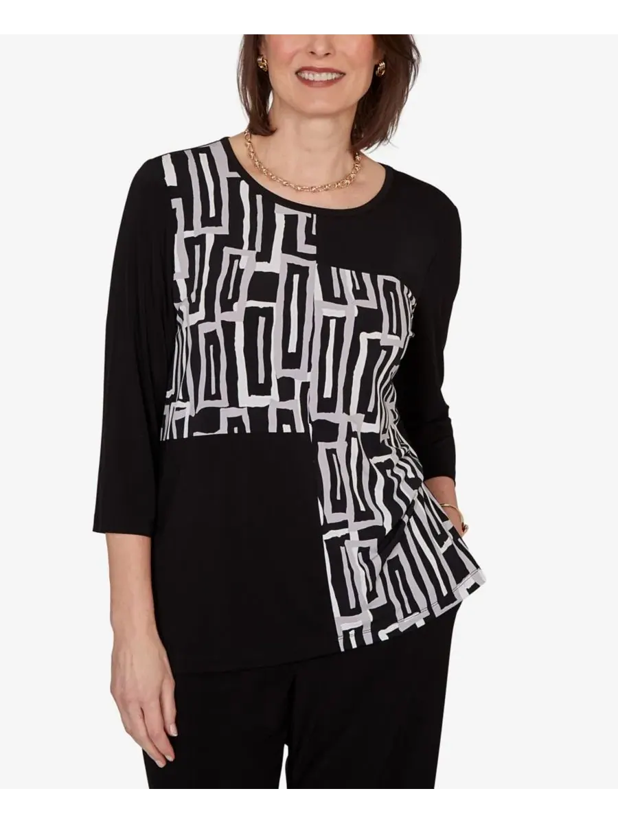 Блуза с геометричным принтом и фактурой, модель Spliced Geometric Puff Print Alfred Dunner