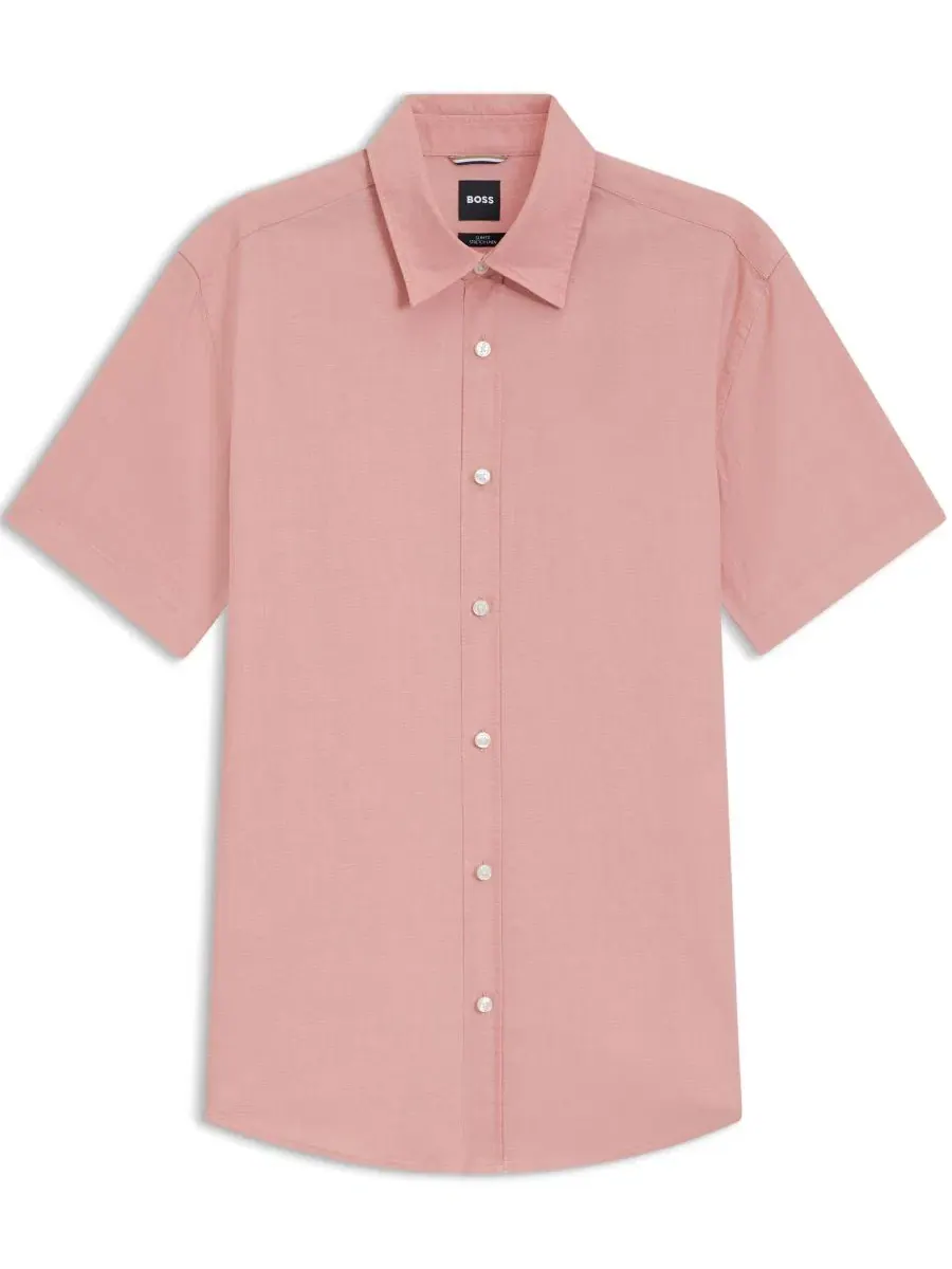Рубашка с коротким рукавом и слим-посадкой BOSS by Men's Stretch Linen Slim-Fit Shirt Hugo Boss — изображение 3 из 6, розовый