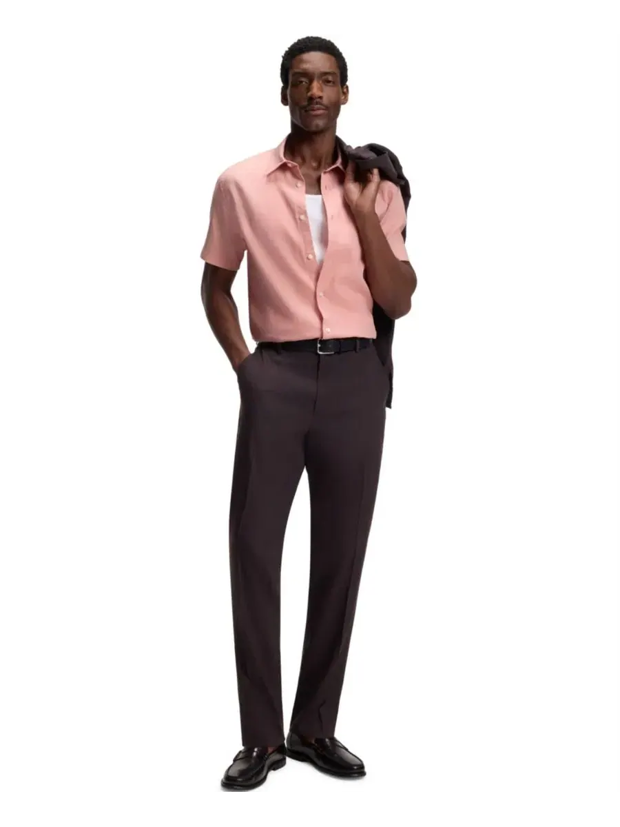 Рубашка с коротким рукавом и слим-посадкой BOSS by Men's Stretch Linen Slim-Fit Shirt Hugo Boss — изображение 4 из 6, розовый