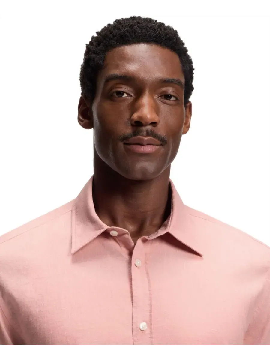 Рубашка с коротким рукавом и слим-посадкой BOSS by Men's Stretch Linen Slim-Fit Shirt Hugo Boss — изображение 6 из 6, розовый