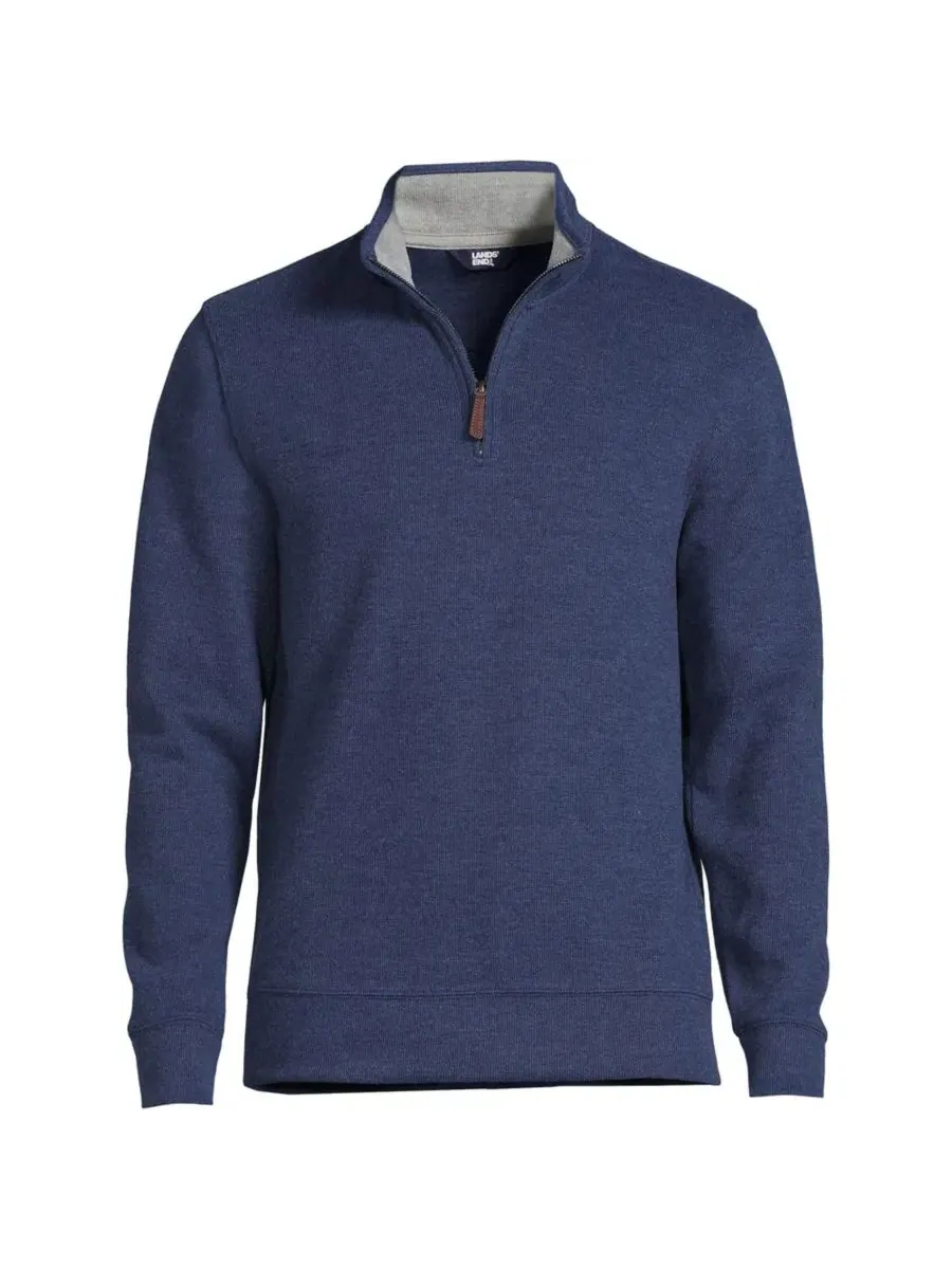 Свитер с воротником-поло и четверть-молнией Bedford Rib Medium Denim Heather Lands' End — изображение 2 из 7, джинсовый синий