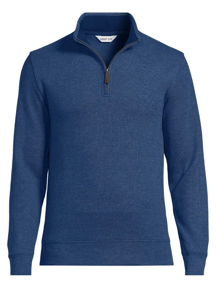 Свитер с воротником-поло и четверть-молнией Bedford Rib Medium Denim Heather Lands' End — изображение 5 из 7, джинсовый синий