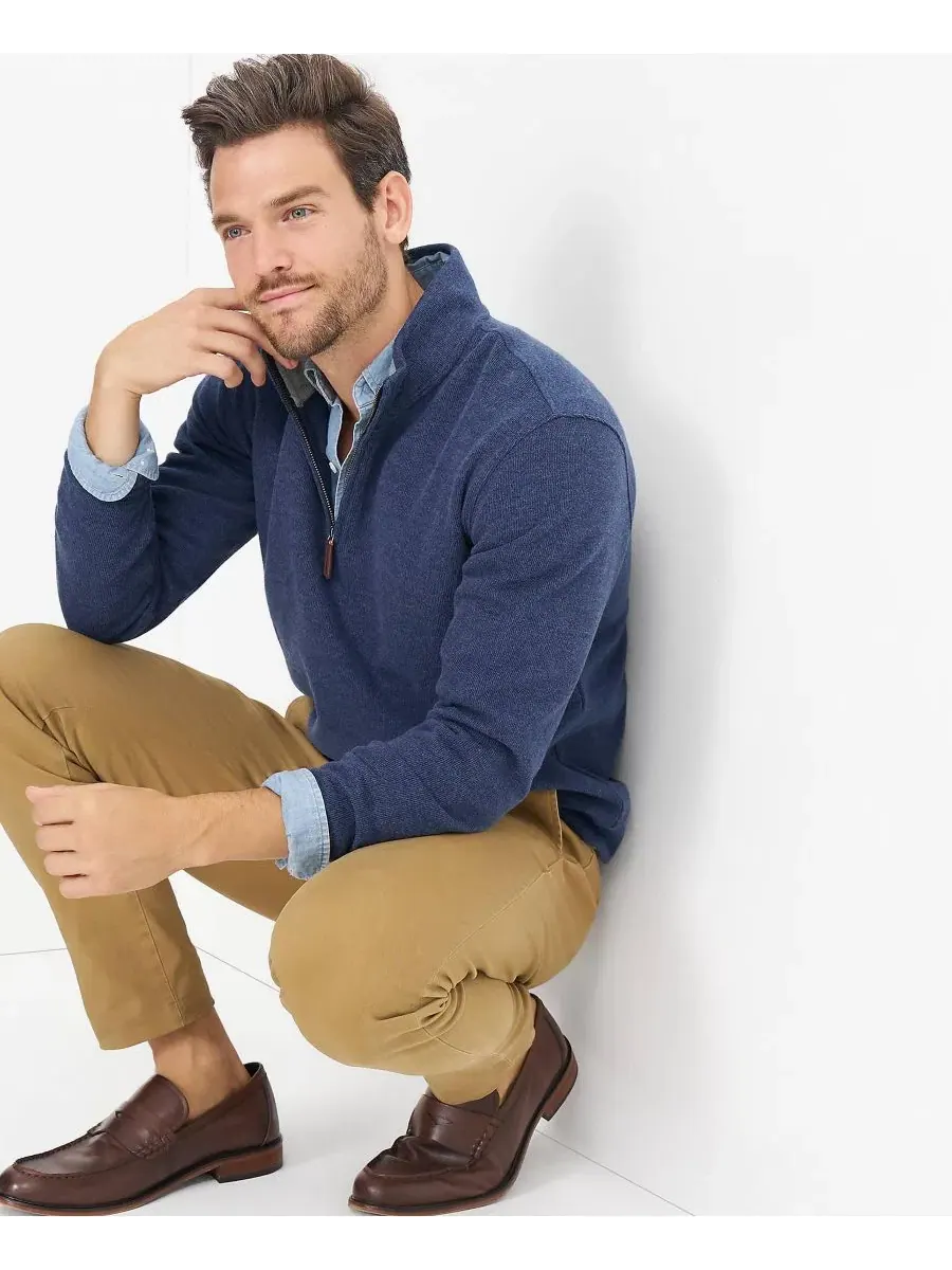 Свитер с воротником-поло и четверть-молнией Bedford Rib Medium Denim Heather Lands' End — изображение 6 из 7, джинсовый синий