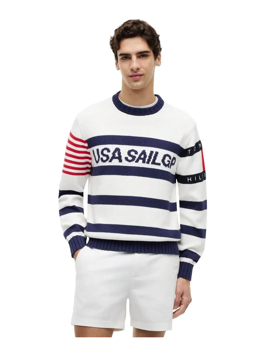 Свитер с круглым вырезом, классический полосатый дизайн Tommy Hilfiger — изображение 2 из 4, темно-синий
