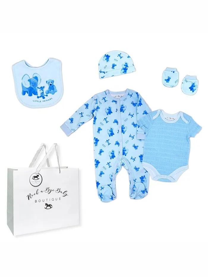 Подарочный набор из 6 предметов для новорожденных Layette Little Friends Rock-A-Bye Baby Boutique — синий