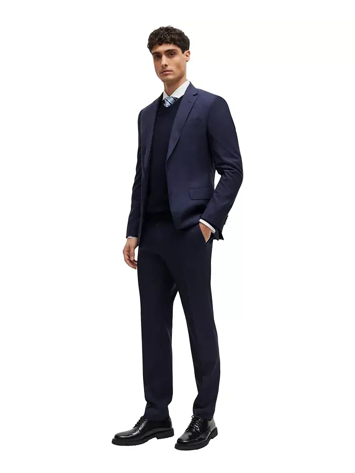 Мужской тонкий вязаный свитер с V-образным вырезом из мериносовой шерсти Hugo Boss — изображение 2 из 4, синий