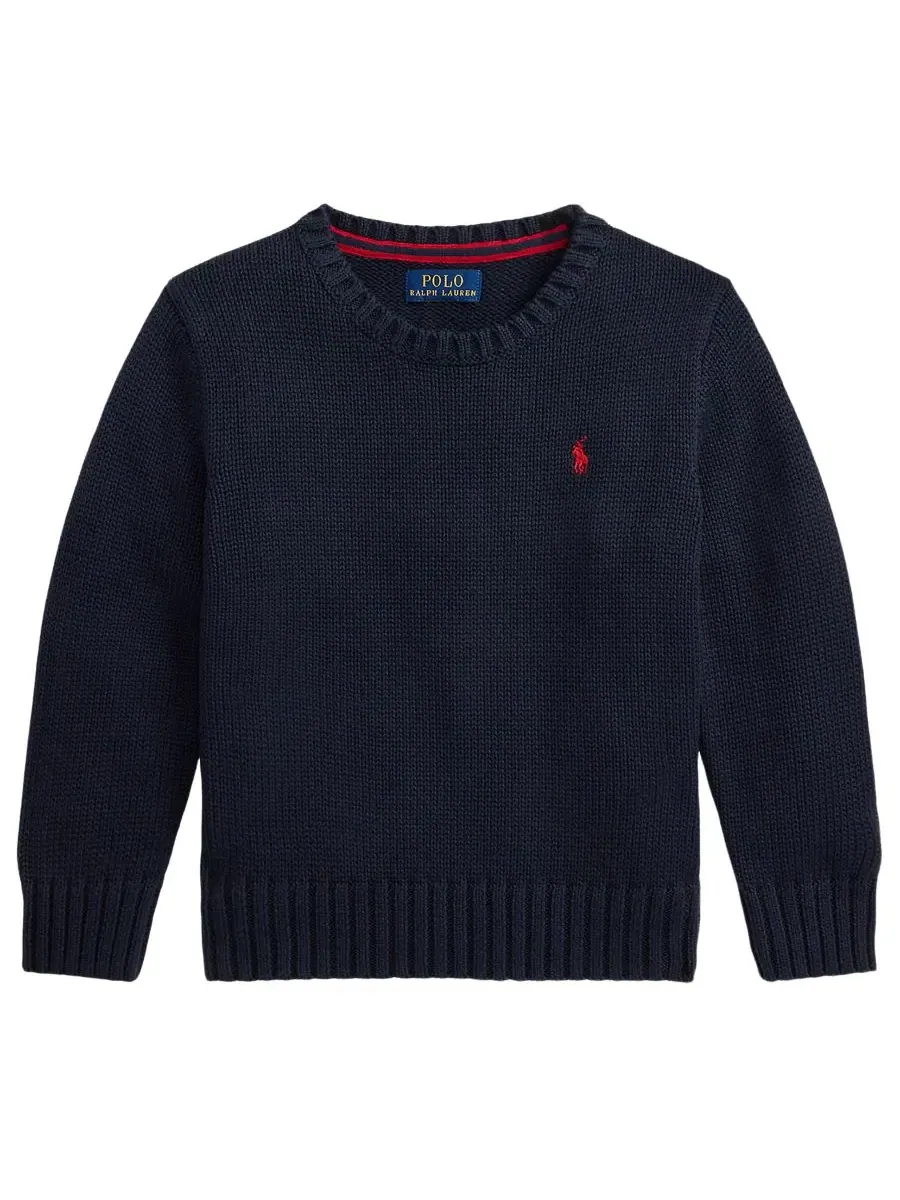Детский свитер с круглым вырезом, хлопковый, с вышивкой Pony Polo Ralph Lauren — изображение 1 из 3, темно-синий