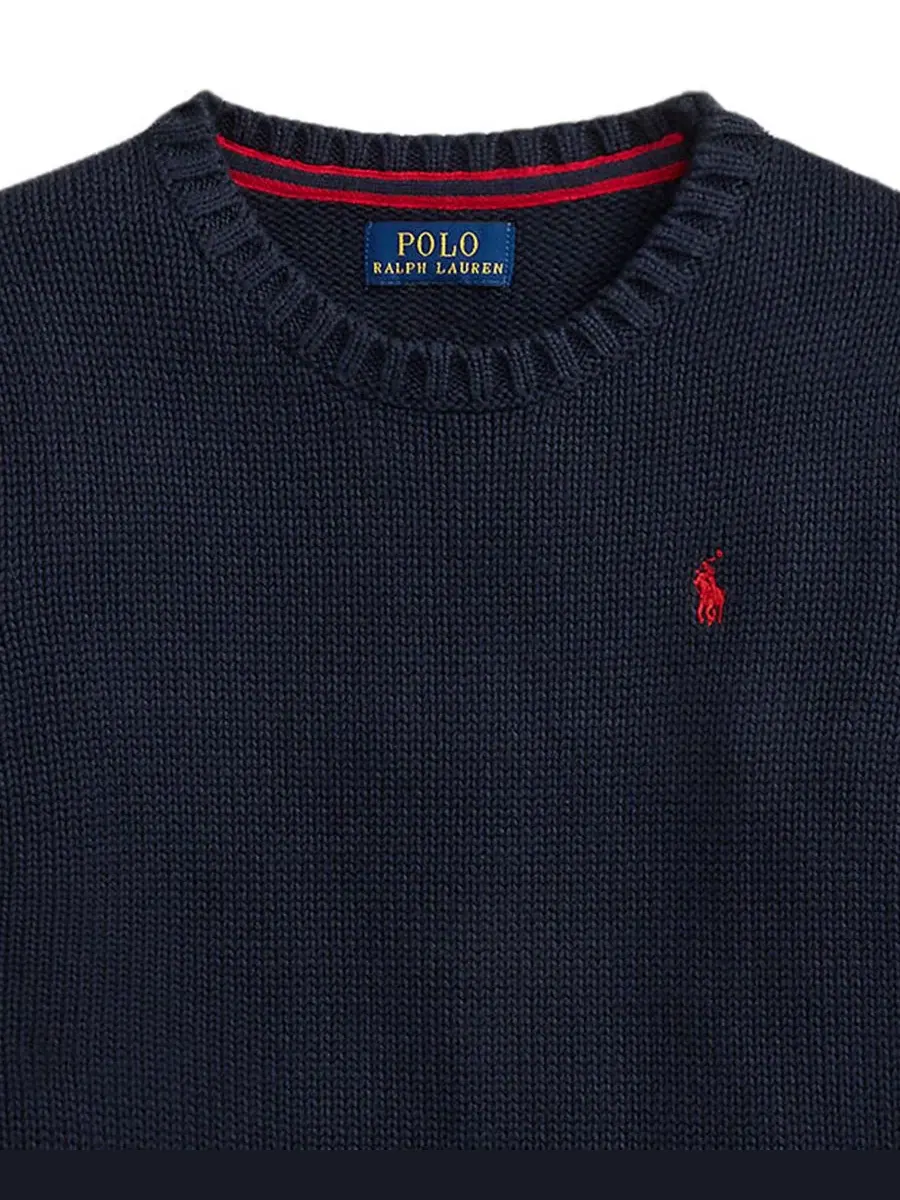 Детский свитер с круглым вырезом, хлопковый, с вышивкой Pony Polo Ralph Lauren — изображение 3 из 3, темно-синий