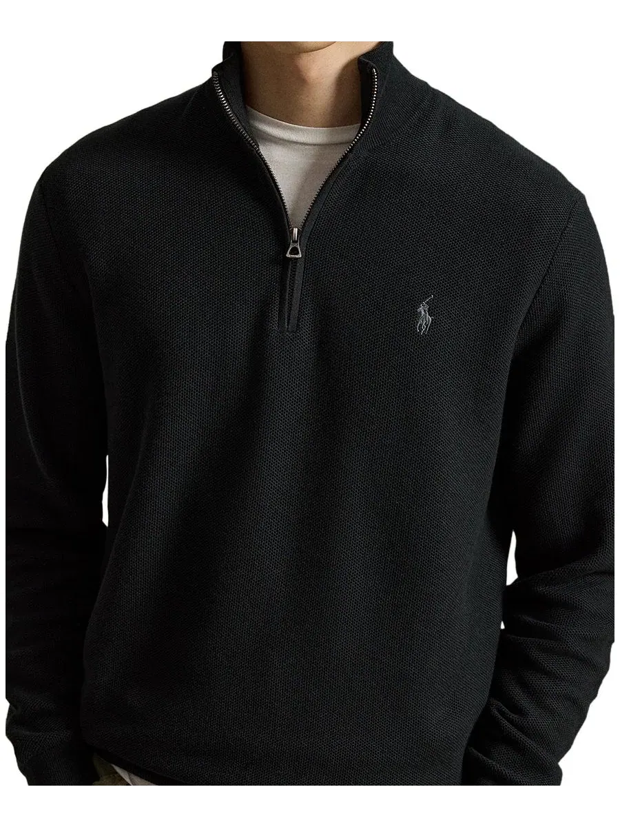 Свитер из хлопка с мелкой вязкой, полузастежкой-молнией Polo Ralph Lauren — изображение 3 из 4, черный