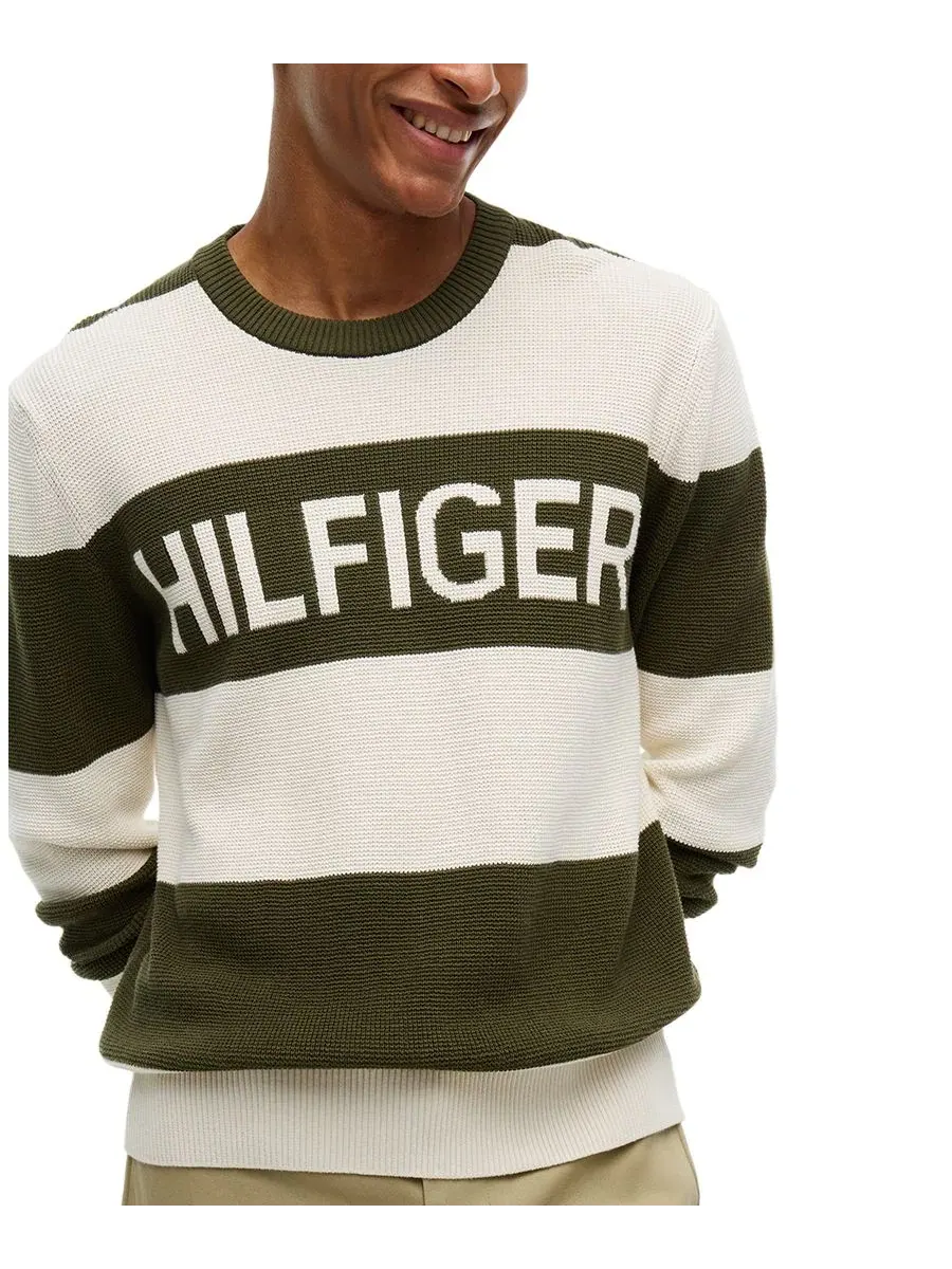 Свитер с графичным принтом из вафельного хлопка Tommy Hilfiger — изображение 3 из 4, зеленый/слоновая кость