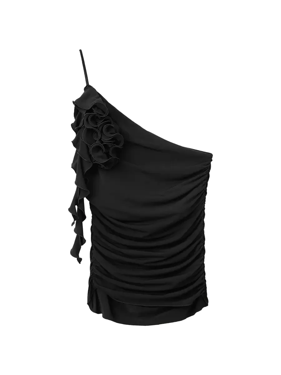 Топ MANGO Ruffle Trim Ruched Asymmetrical — изображение 2 из 3, черный