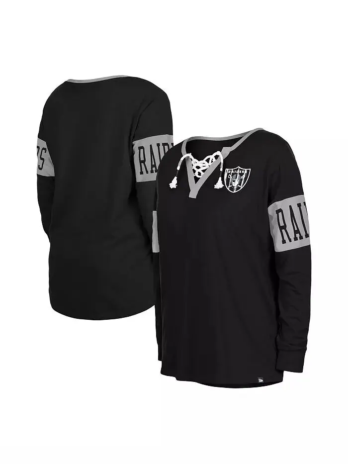 Женская черная футболка Las Vegas Raiders с длинным рукавом и вырезом-надрезом на шнуровке New Era