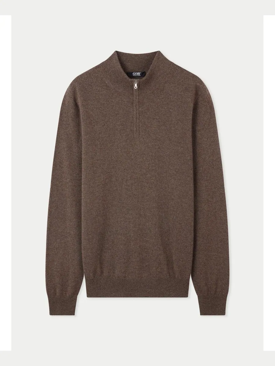 Мужской кашемировый свитер с застежкой-молнией до середины груди Gobi Cashmere — изображение 7 из 7, коричневый-черный