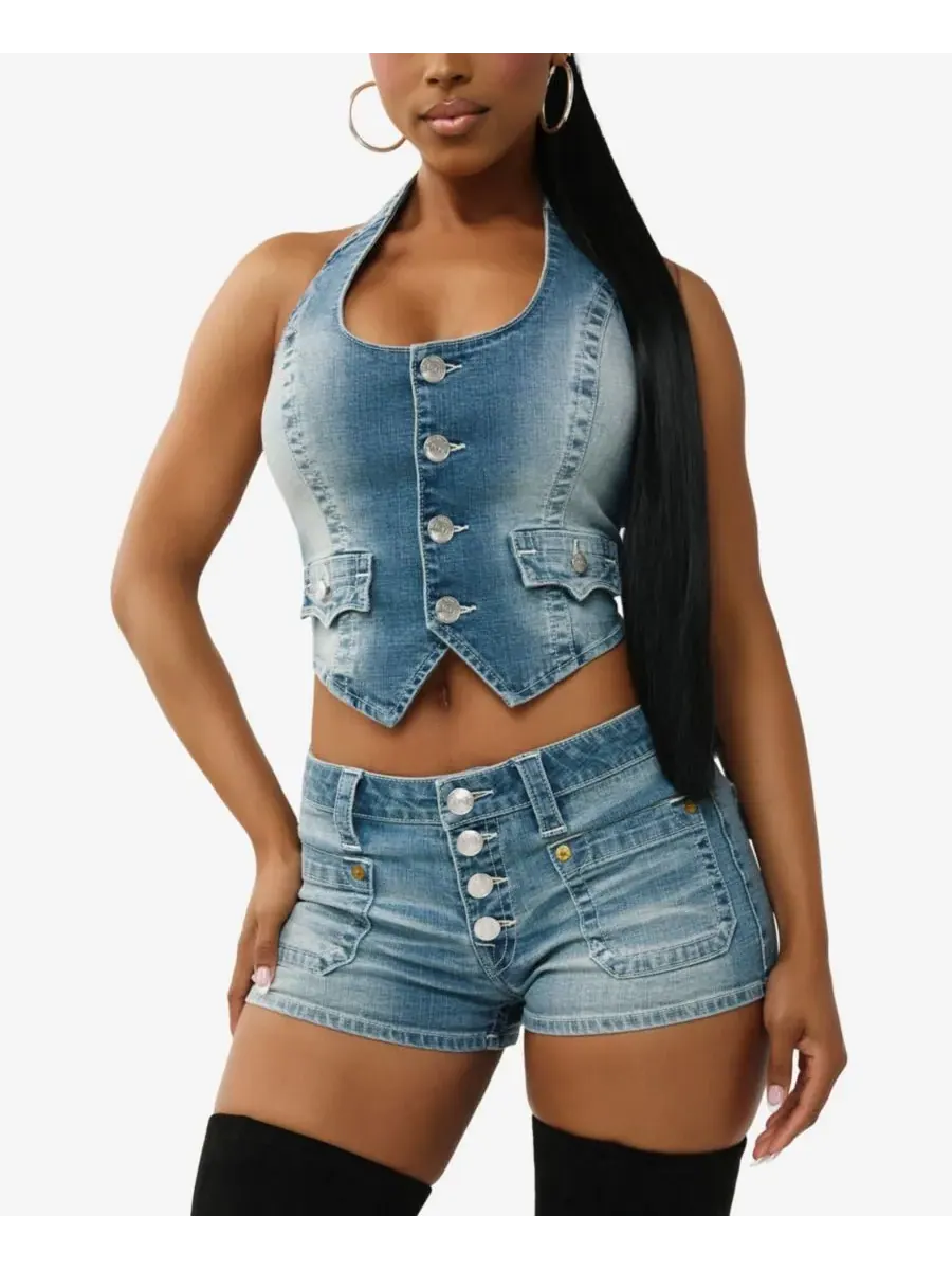 Женский джинсовый жилет-корсаж с вырезом-лодочкой True Religion — изображение 2 из 4, средняя отмывка