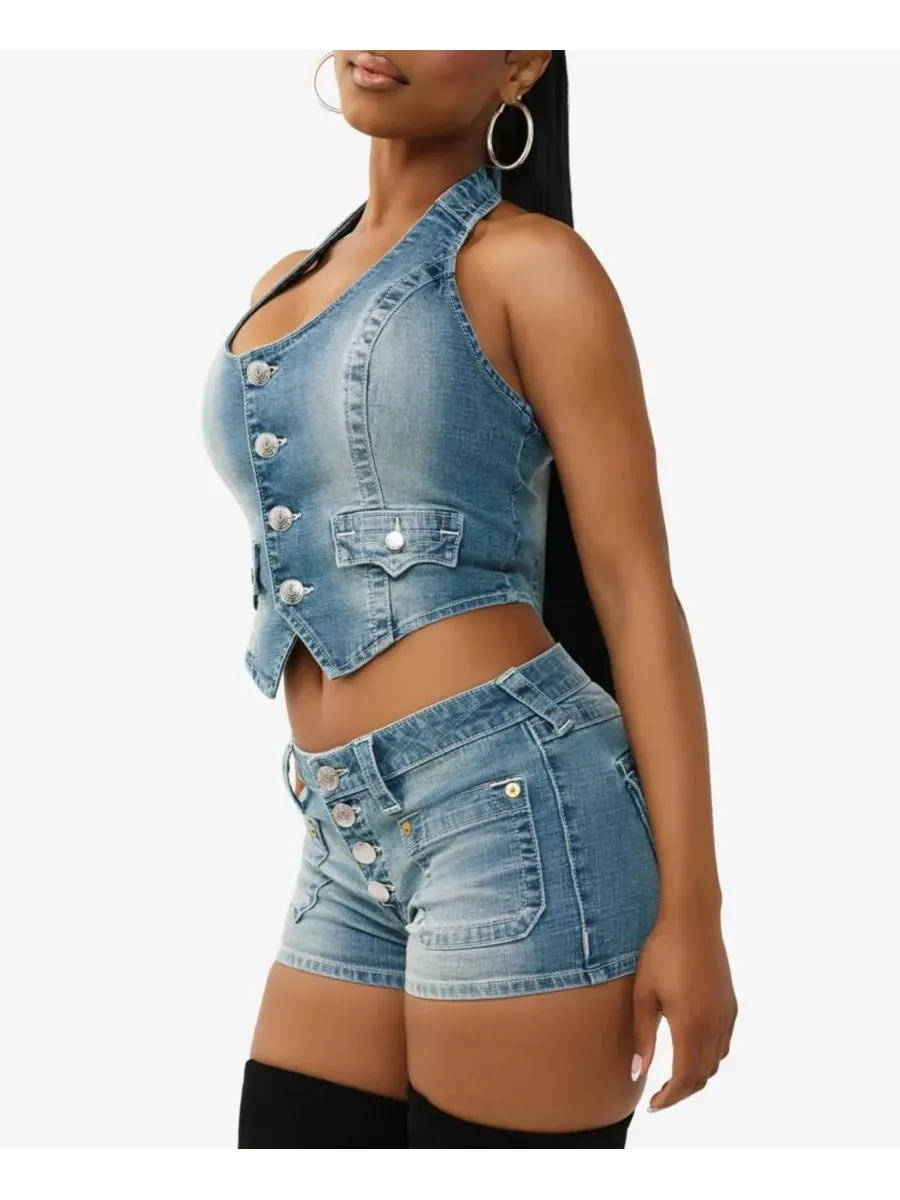 Женский джинсовый жилет-корсаж с вырезом-лодочкой True Religion — изображение 3 из 4, средняя отмывка