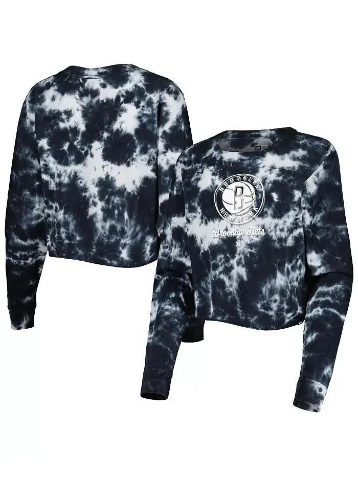 Черная женская укороченная футболка с длинным рукавом Brooklyn Nets Tie Dye New Era — изображение 1 из 3, черный