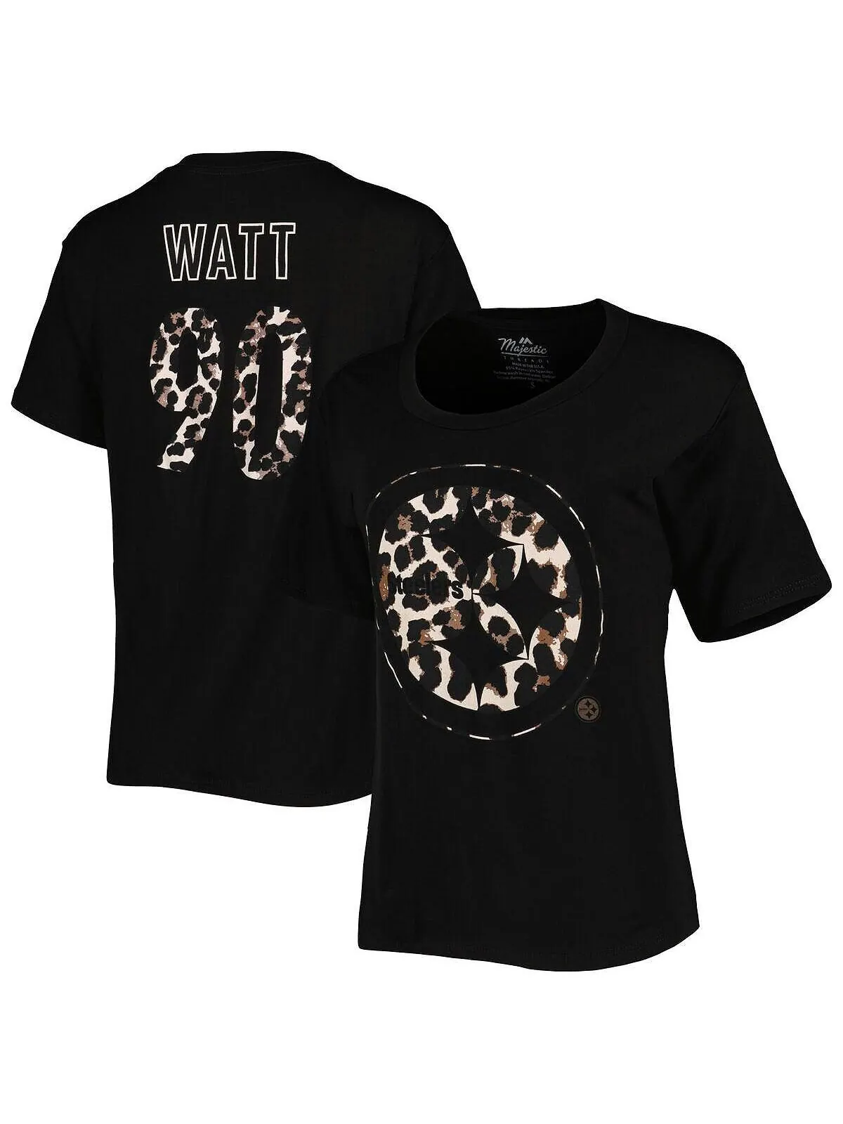 Женские нитки T.J. Черная футболка Watt Pittsburgh Steelers Leopard с именем и номером игрока — черный