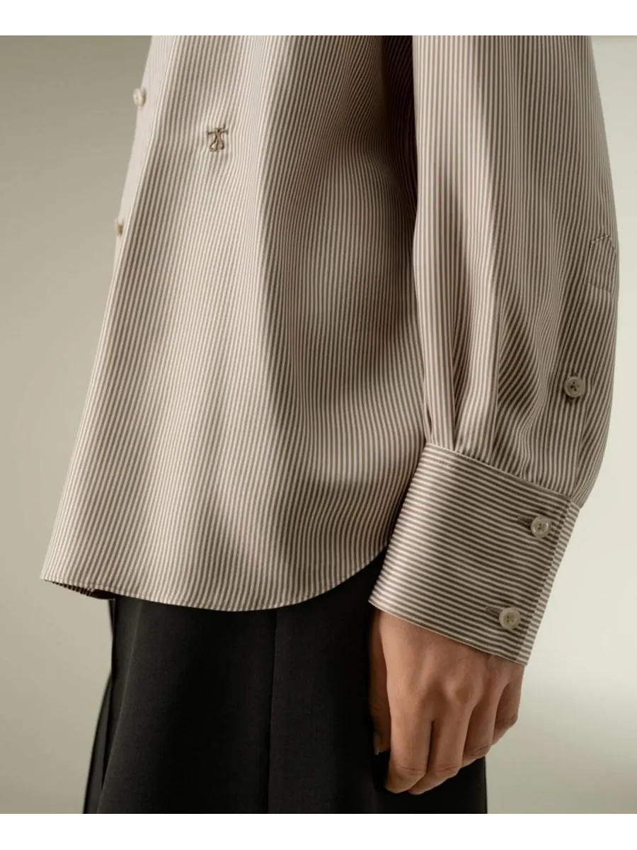 Женская шелковая рубашка в тонкую полоску оверсайз LILYSILK, Marron stripe — изображение 5 из 6
