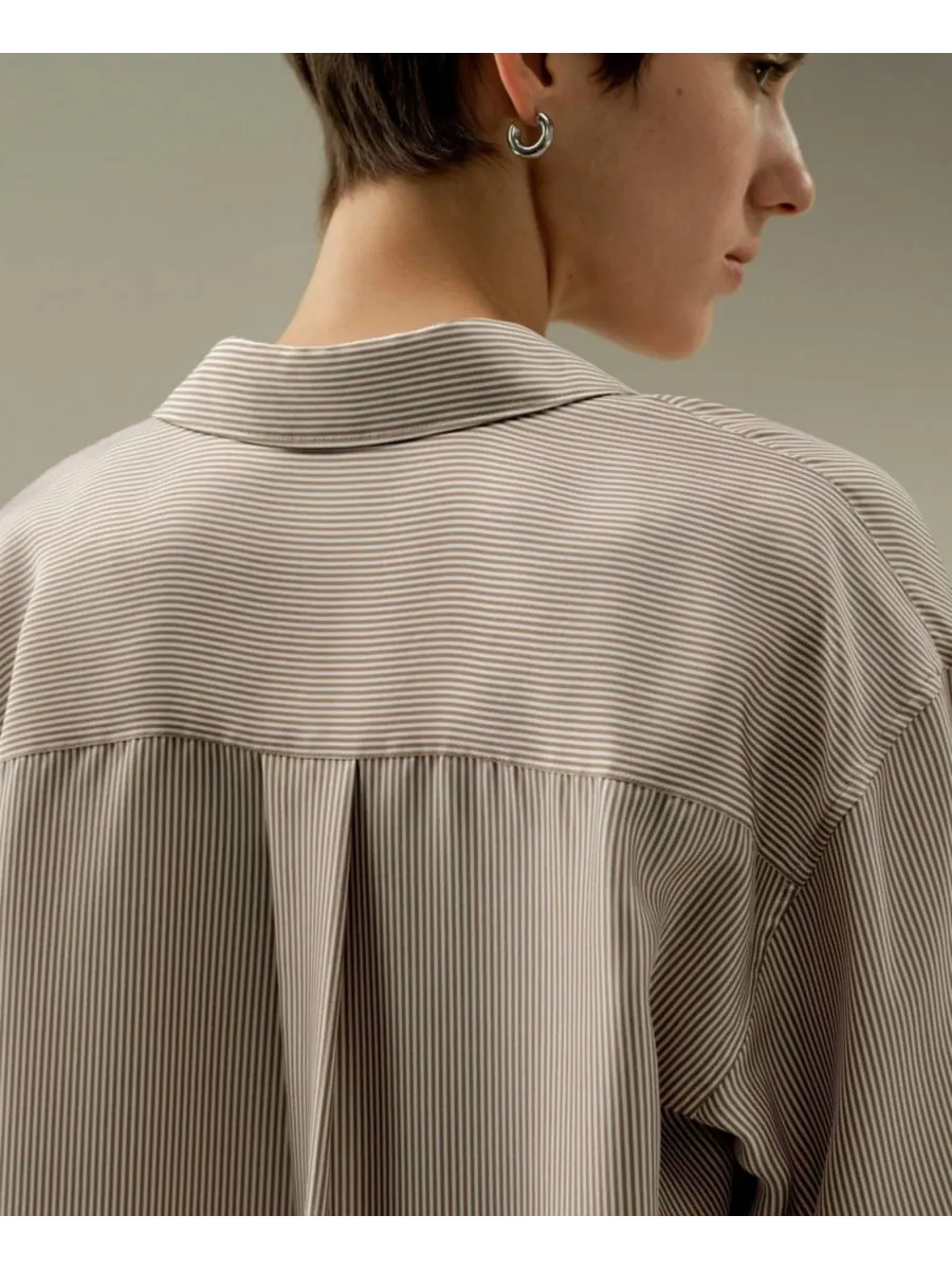 Женская шелковая рубашка в тонкую полоску оверсайз LILYSILK, Marron stripe — изображение 6 из 6