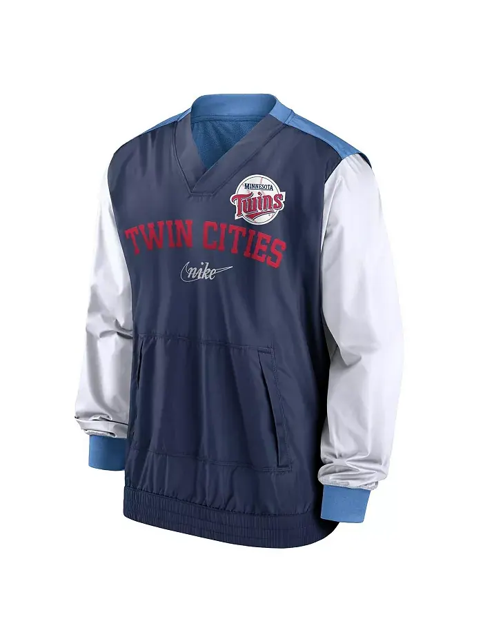 Мужская бело-голубая вязаная куртка с V-образным вырезом Minnesota Twins Rewind Warmup Nike — изображение 2 из 3