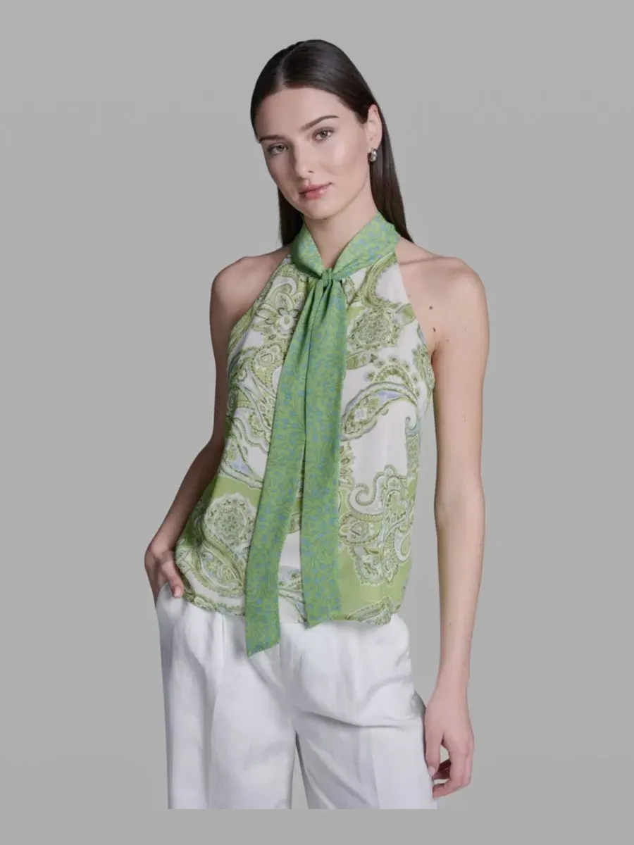 Блуза без рукавов с завязками на шее BCBG, Citrus Twist Almond Creme