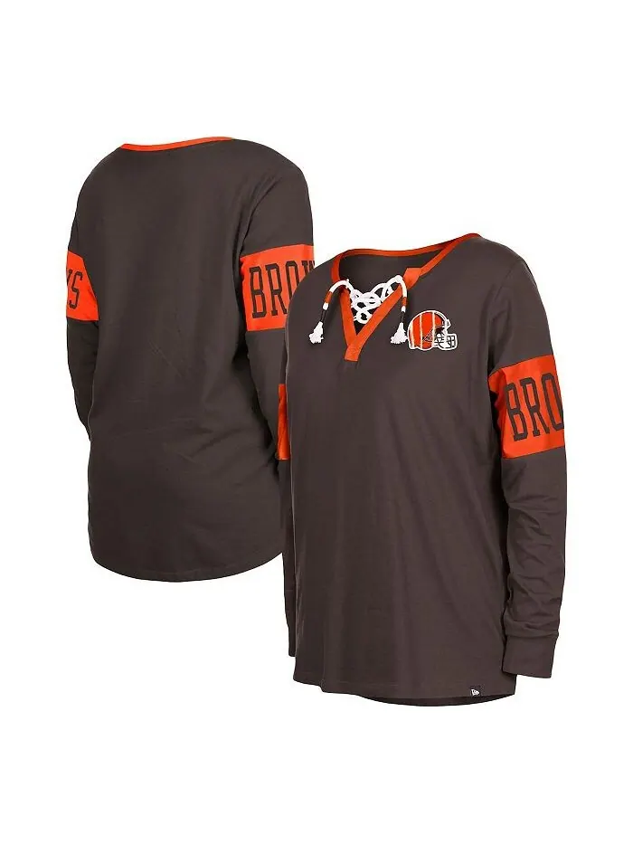 Женская коричневая футболка с длинным рукавом и вырезом на шнуровке Cleveland Browns New Era — изображение 1 из 3, коричневый