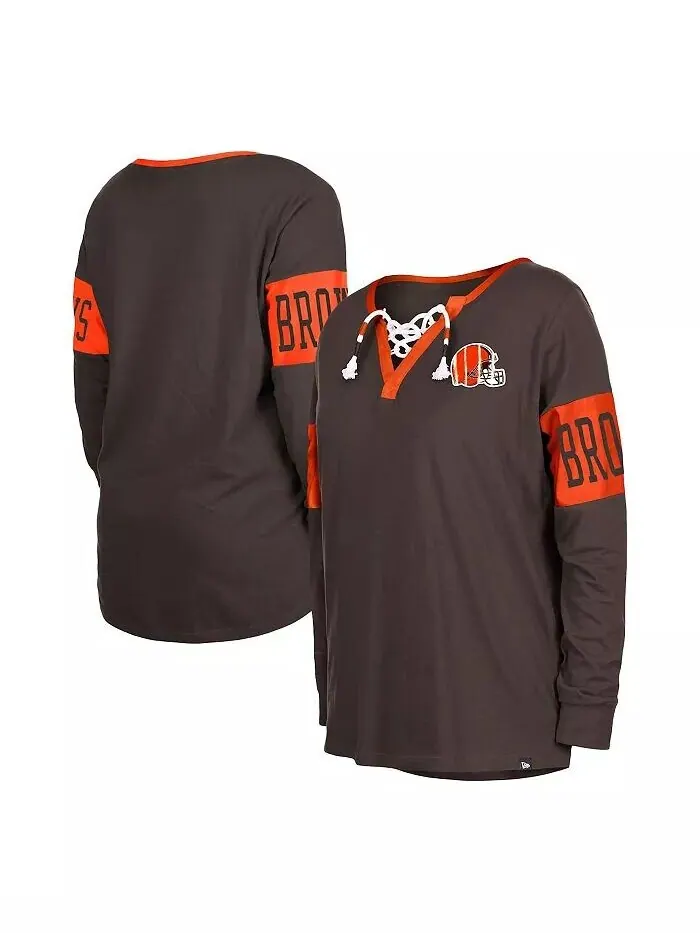 Женская коричневая футболка с длинным рукавом и вырезом на шнуровке Cleveland Browns New Era