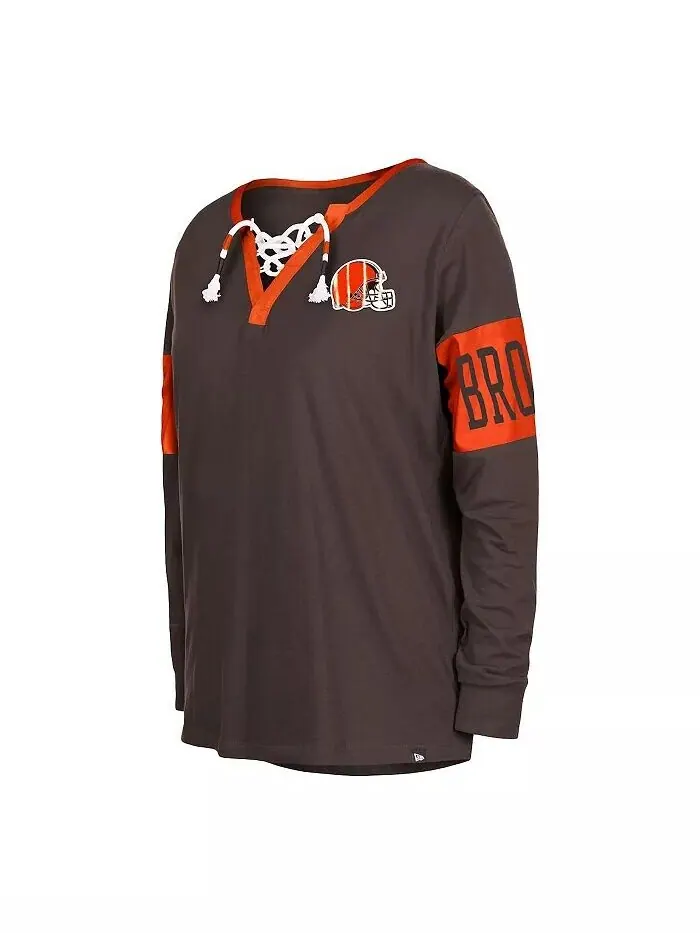 Женская коричневая футболка с длинным рукавом и вырезом на шнуровке Cleveland Browns New Era — изображение 3 из 3