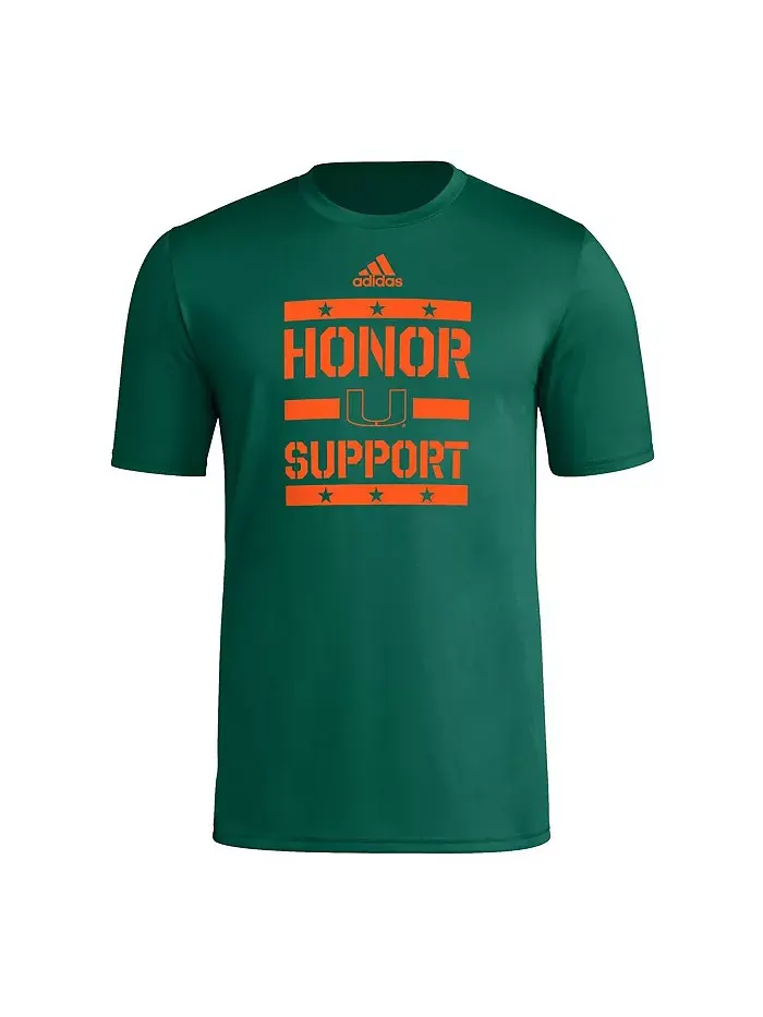 Мужская зеленая футболка Miami Hurricanes Honor Support Pre-Game adidas — изображение 2 из 3