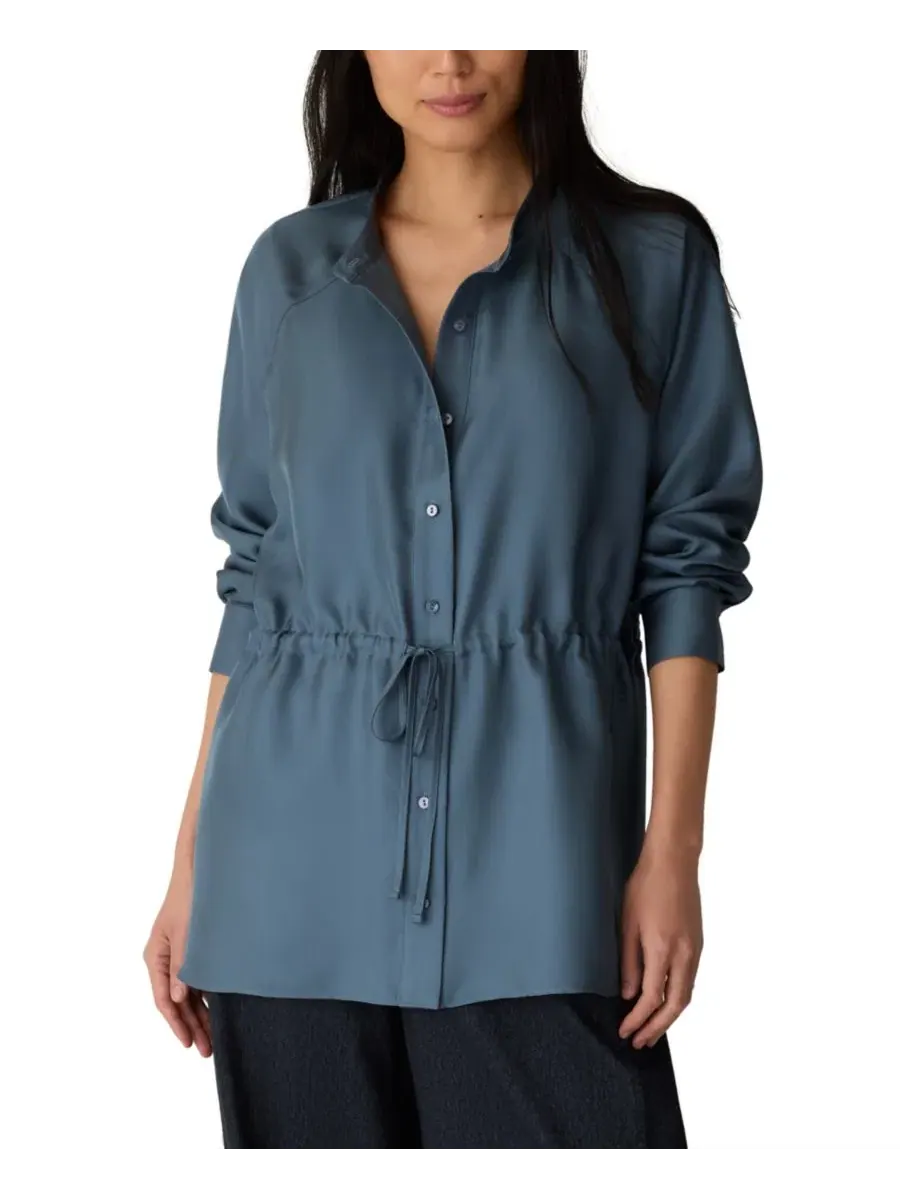 Блуза из шелка с воротником-стойкой и длинным рукавом реглан Eileen Fisher, Celadon Spring