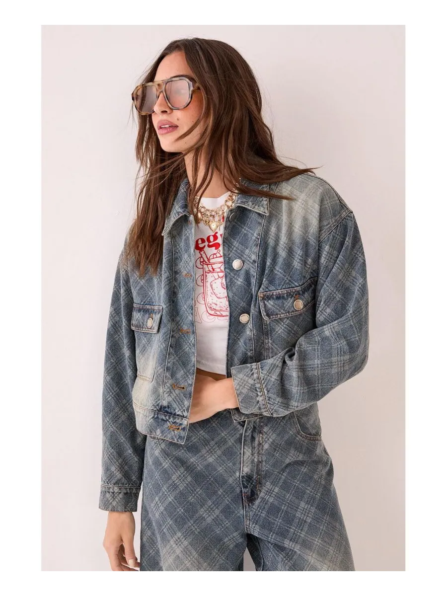 Женская клетчатая джинсовая куртка с эффектом потертости Nasty Gal, Authentic midwash