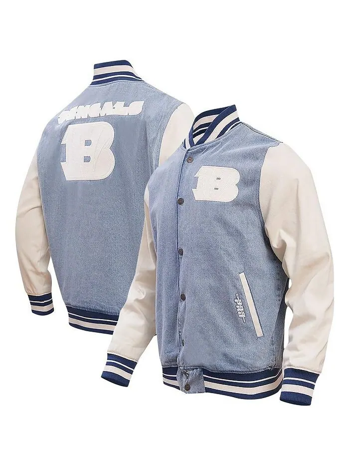 Мужская джинсовая потертая университетская куртка Cincinnati Bengals Varsity Blues с застежкой на
