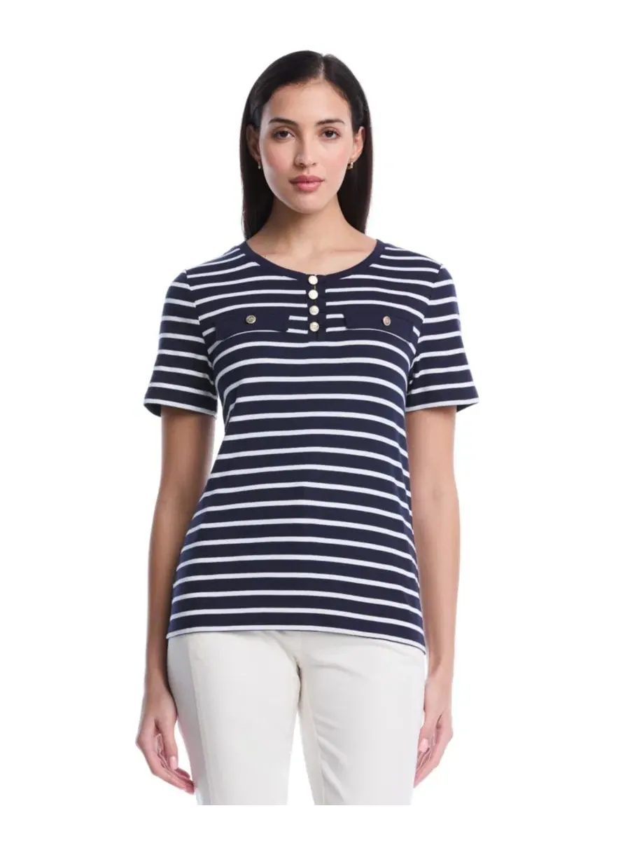 Топ с полосками, с коротким рукавом, модель Petite Striped Welt Pocket Short-Sleeve Rafaella