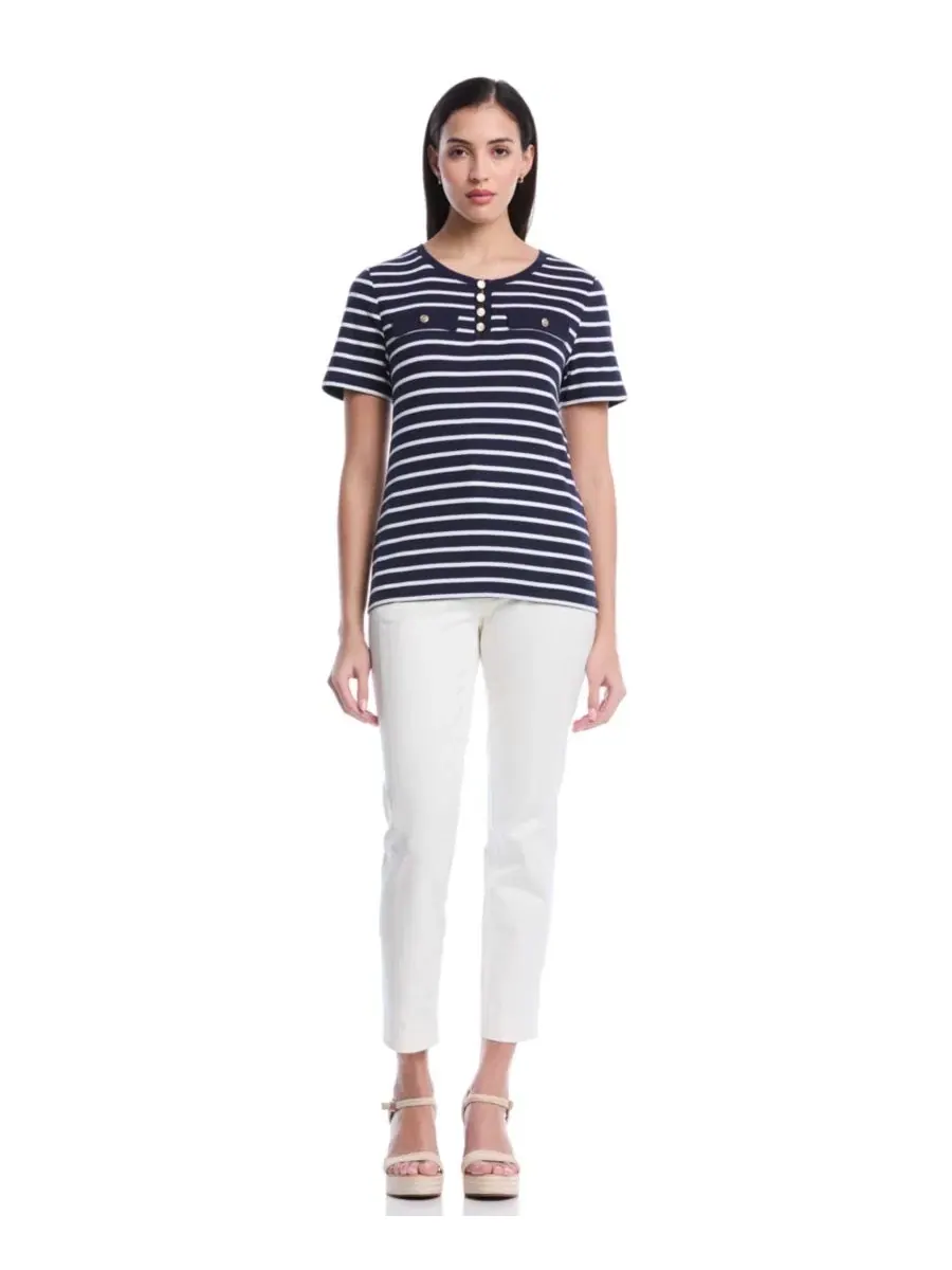 Топ с полосками, с коротким рукавом, модель Petite Striped Welt Pocket Short-Sleeve Rafaella — изображение 2 из 5