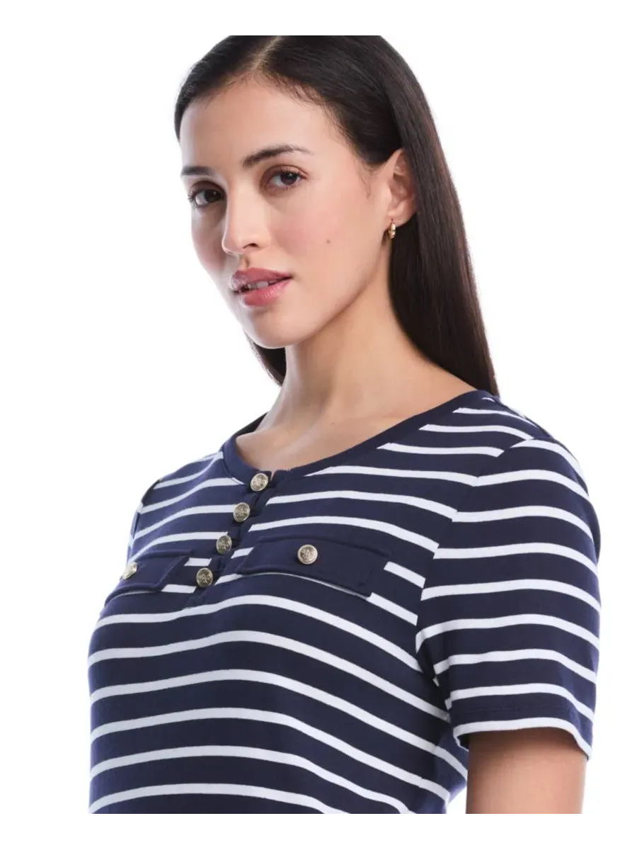Топ с полосками, с коротким рукавом, модель Petite Striped Welt Pocket Short-Sleeve Rafaella — изображение 3 из 5