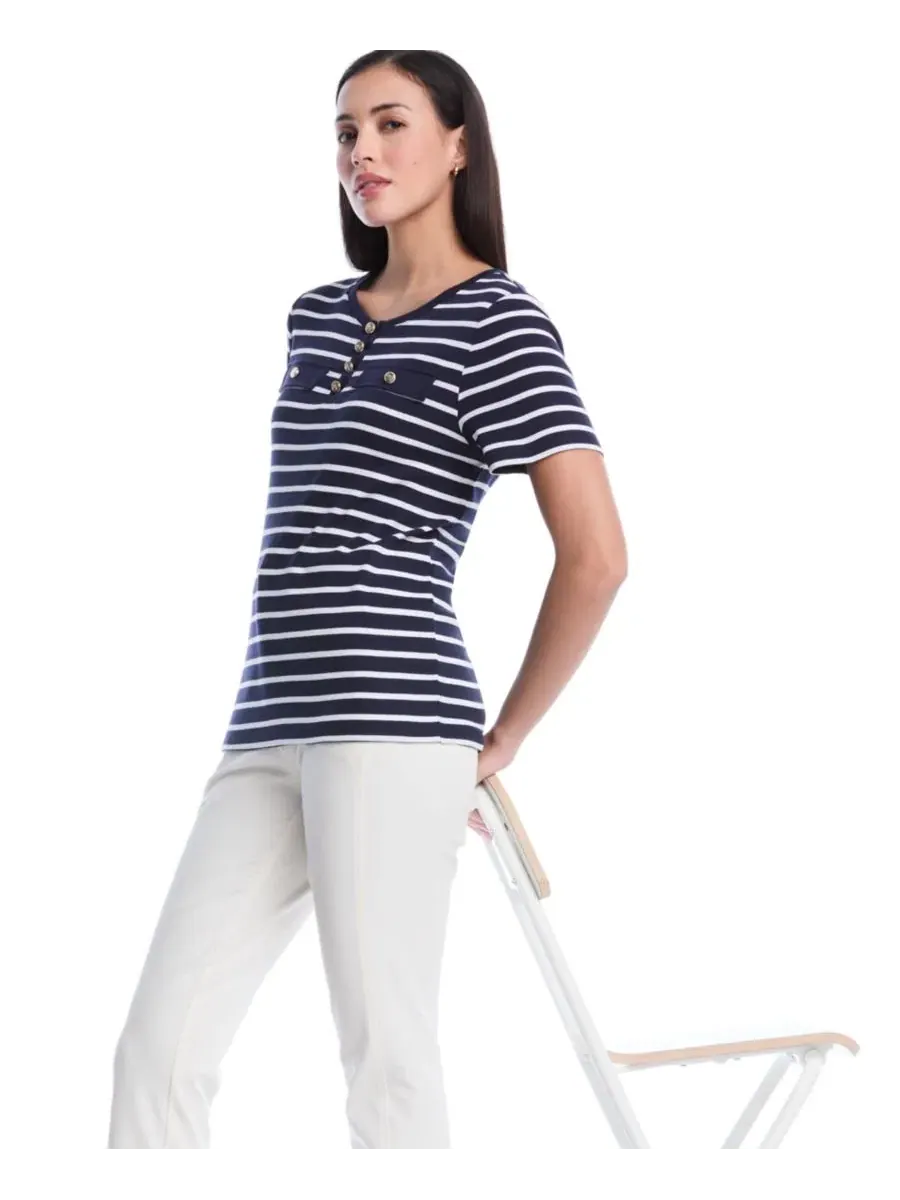 Топ с полосками, с коротким рукавом, модель Petite Striped Welt Pocket Short-Sleeve Rafaella — изображение 5 из 5
