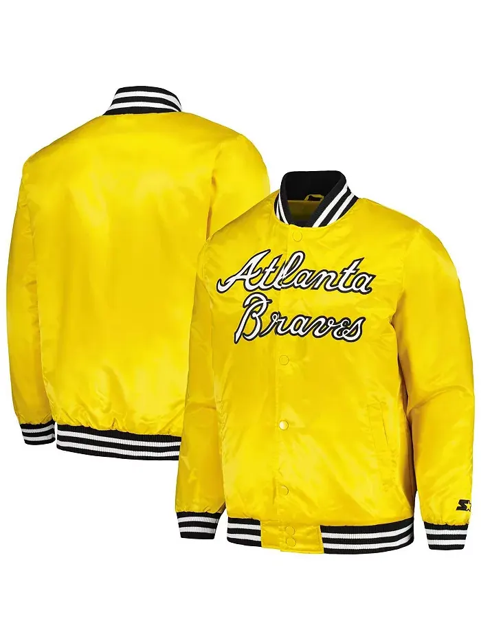 Мужская модная бейсбольная куртка Atlanta Braves Cross Bronx на молнии из сатина с золотым оттенком
