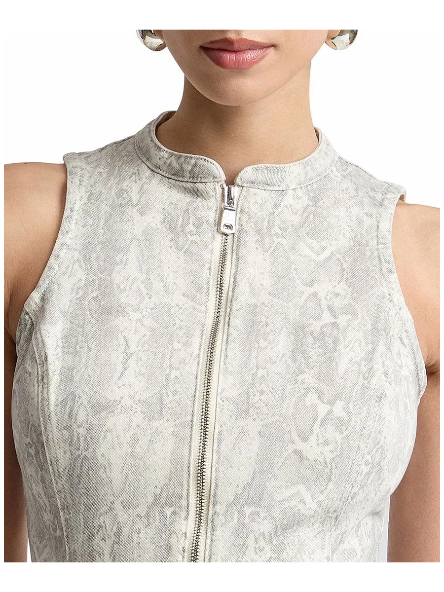 Платье женское с принтом, модель Zip-Front Snake Print Denim Avec Les Filles, Ecru Python — изображение 4 из 5