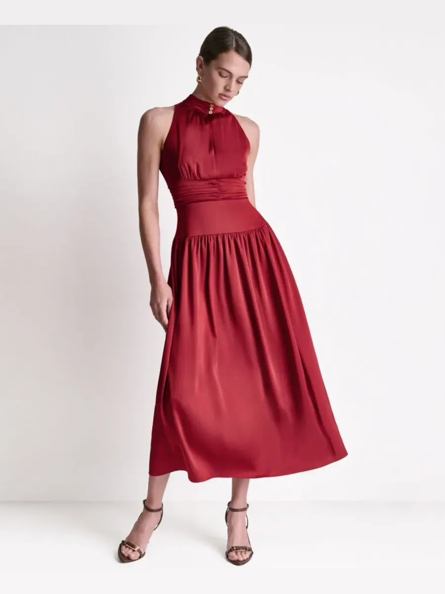 Платье миди из атласа с многоярусной юбкой и воротником-стойкой BCBG, Toscana Clay