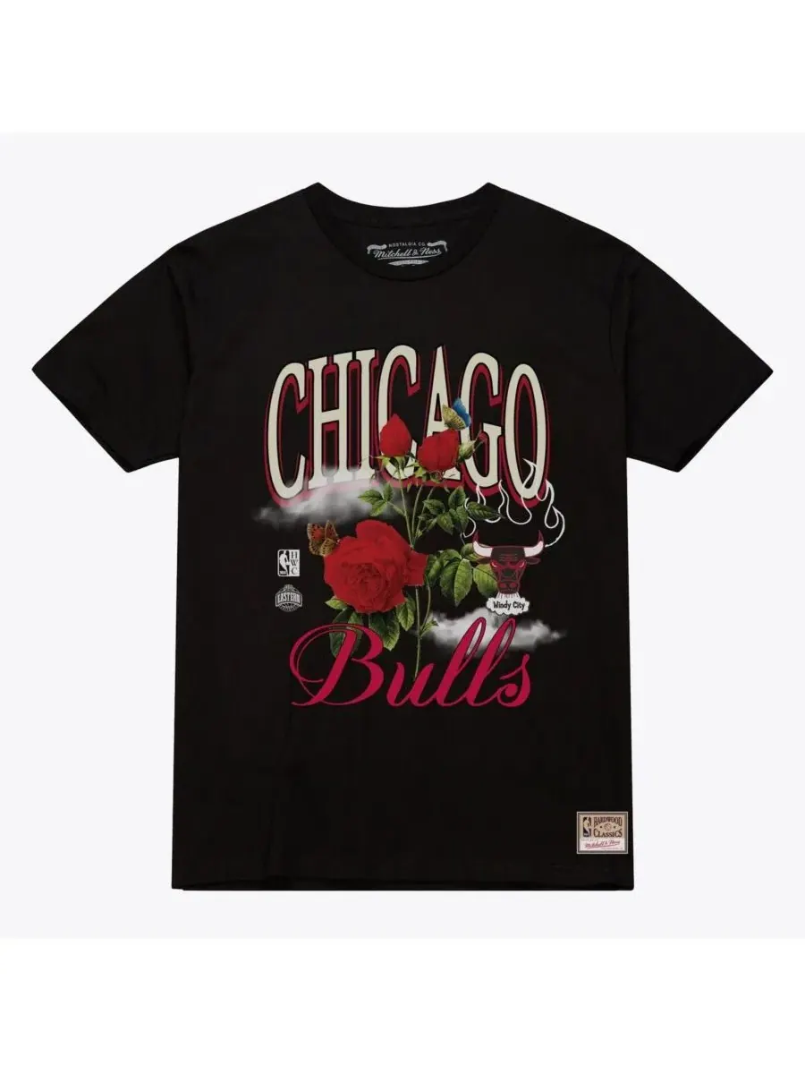 Мужская и женская черная футболка с цветочным принтом Chicago Bulls Mitchell & Ness