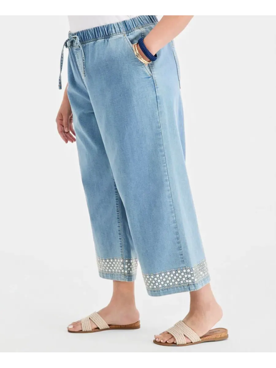 Джинсы широкие с пайетками, модель Plus Size Sequined Pull-On High-Rise Cropped Wide Leg Jeans — изображение 4 из 8