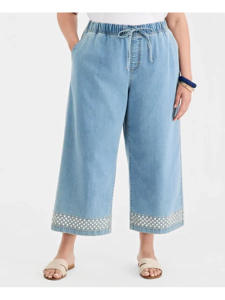 Джинсы широкие с пайетками, модель Plus Size Sequined Pull-On High-Rise Cropped Wide Leg Jeans — изображение 6 из 8