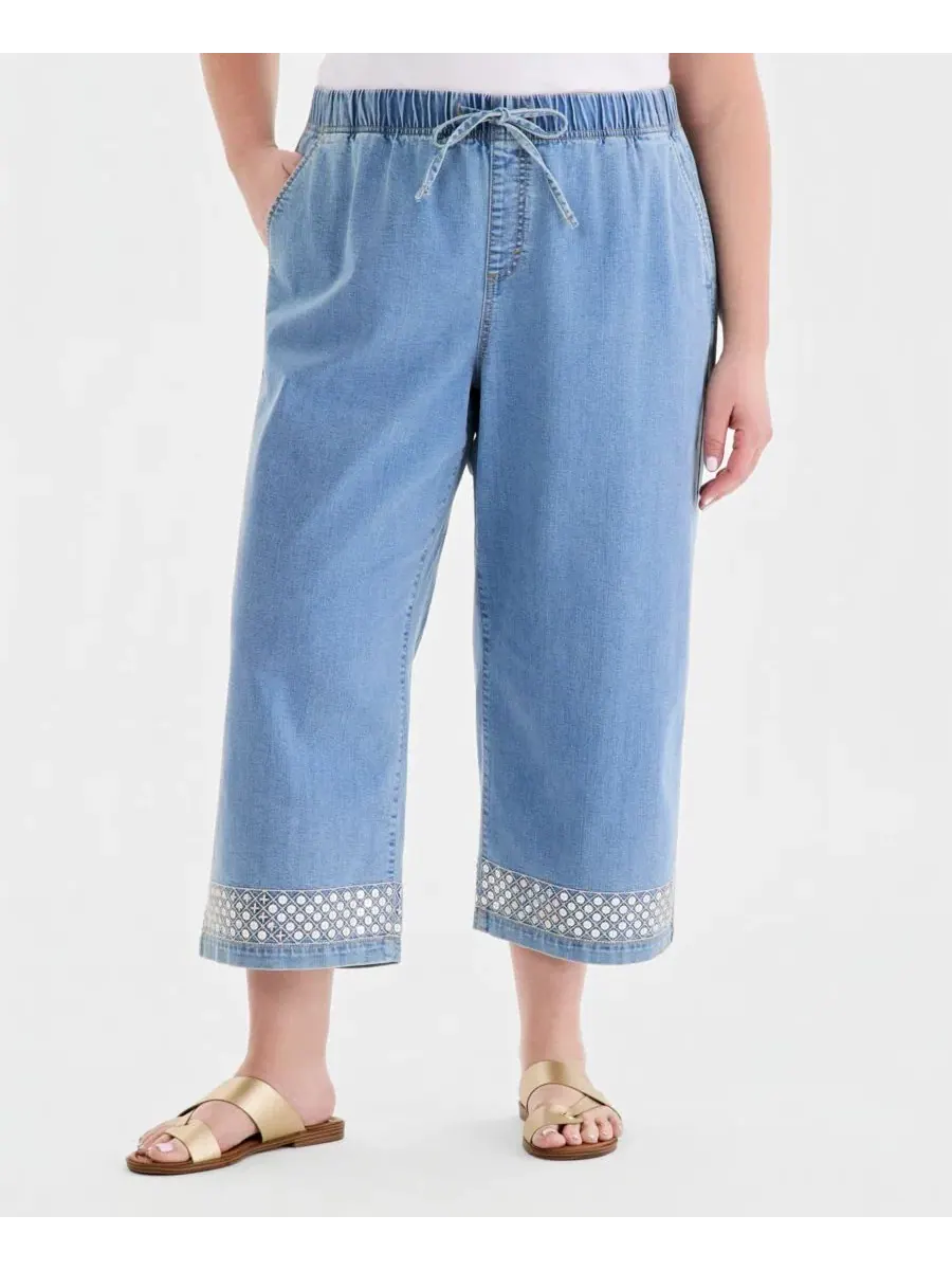 Джинсы широкие с пайетками, модель Plus Size Sequined Pull-On High-Rise Cropped Wide Leg Jeans — изображение 7 из 8