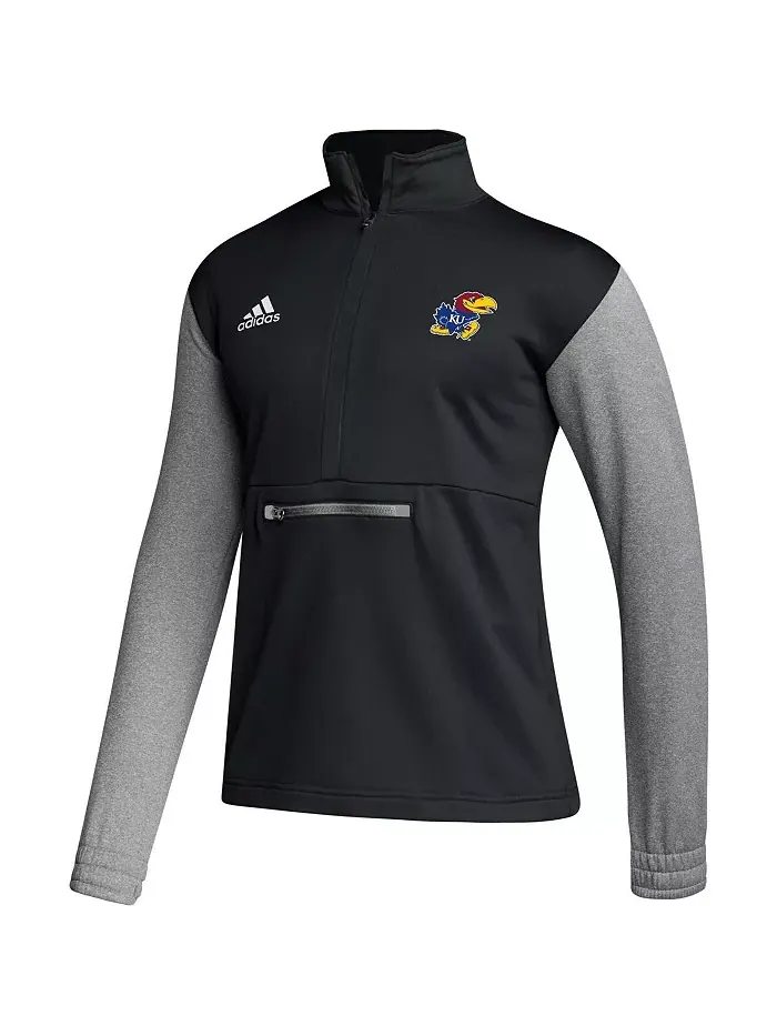 Мужская черная футболка Kansas Jayhawks Sideline AEROREADY с полумолнией adidas — изображение 2 из 3
