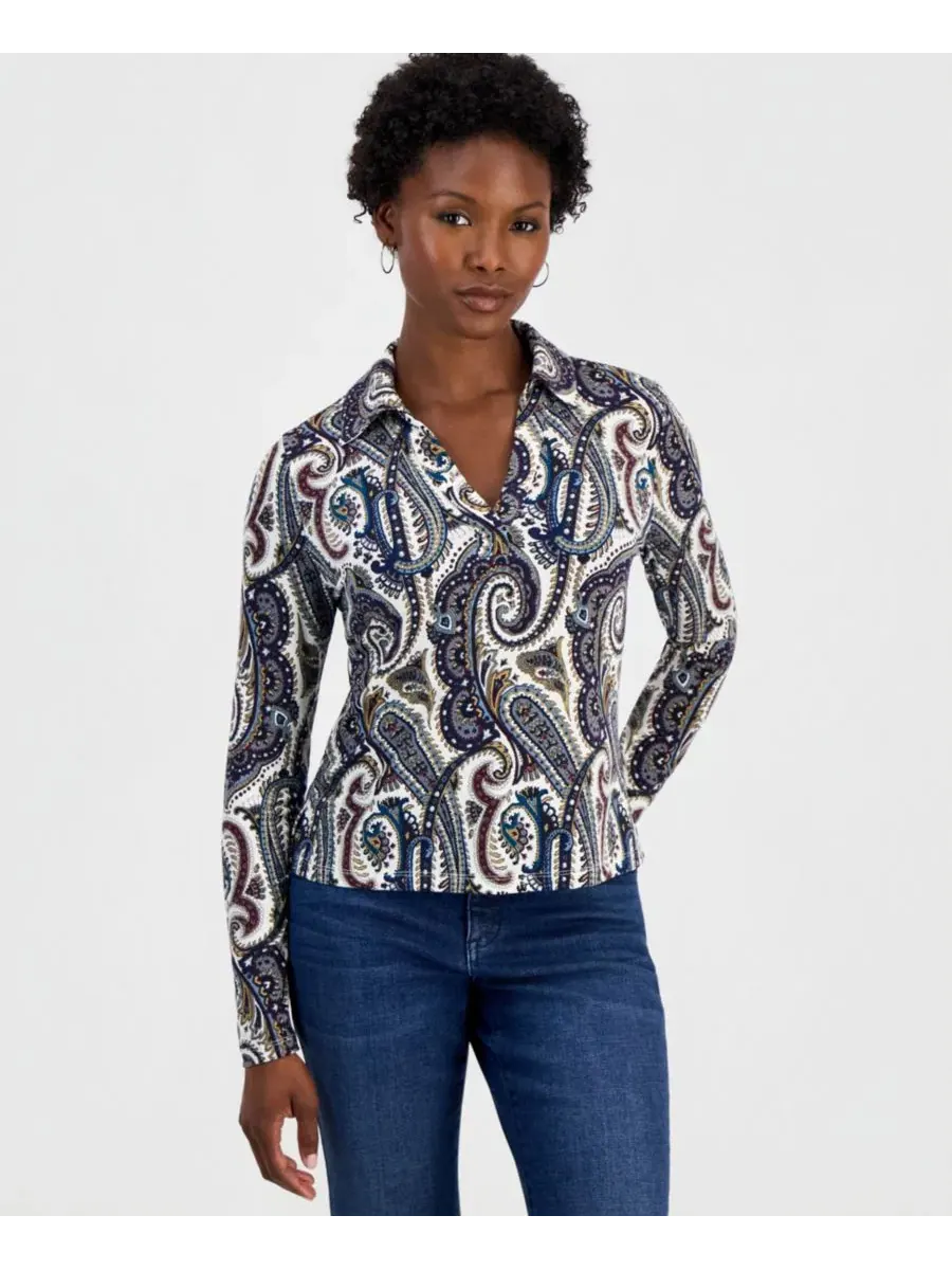 Блуза с воротником Джонни и длинным рукавом, модель Petite Paisley I.N.C. International Concepts