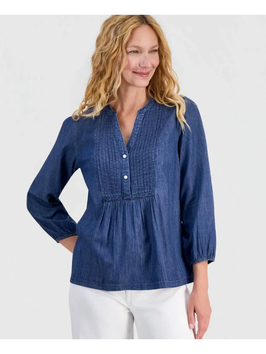 Блуза-поповер из шамбре с защипами Nautica, Medium Azure