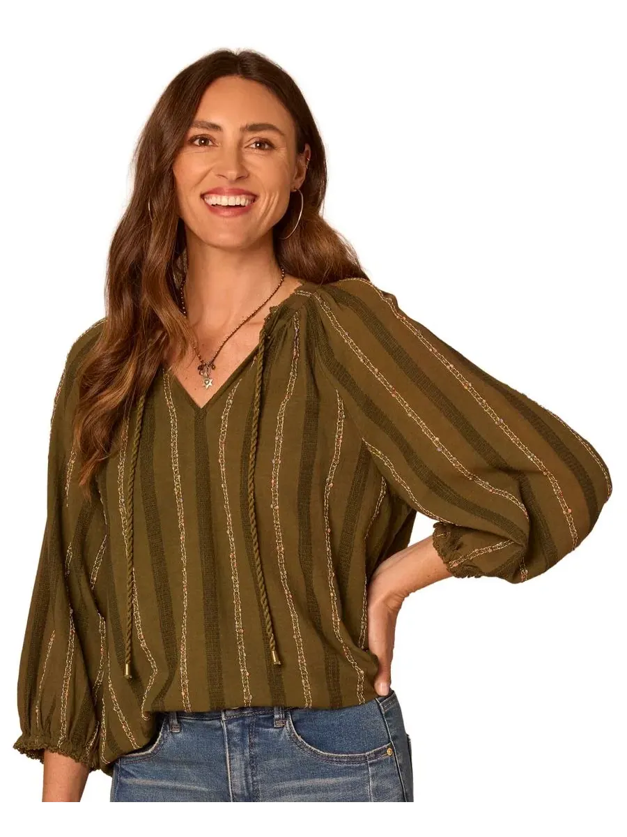 Блузка с разрезом и рукавами 3/4, модель Petite 3/4 Blouson-Sleeve Split-Neck Blouse Democracy